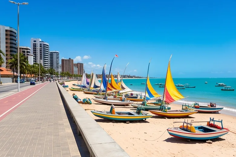 Orla de Maceió com jangadas coloridas na areia