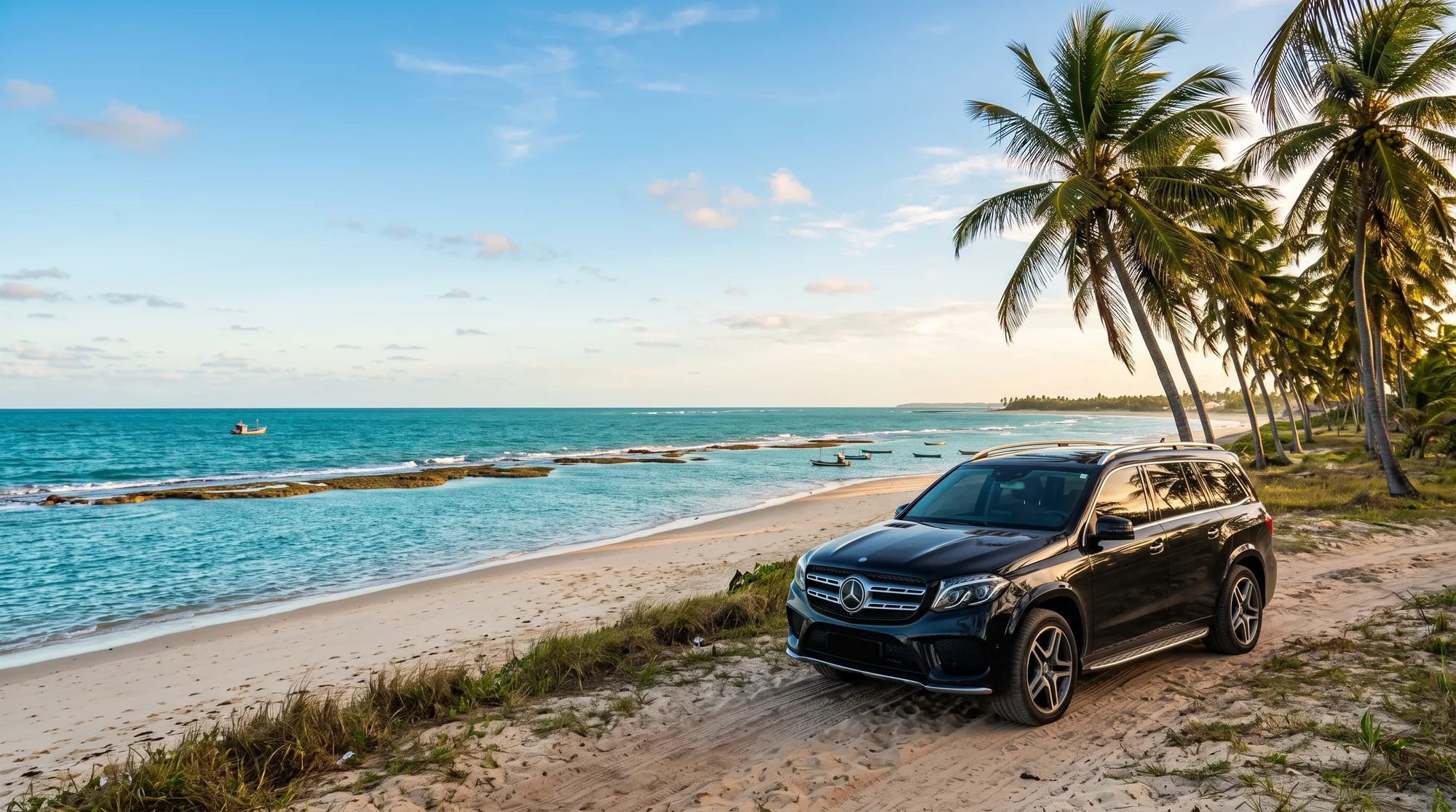 SUV executiva da Vip Select numa estrada de areia à beira-mar, com coqueiros e piscinas naturais ao fundo
