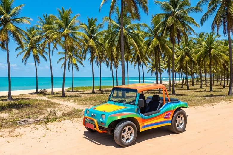 Buggy estacionado na areia com coqueiros