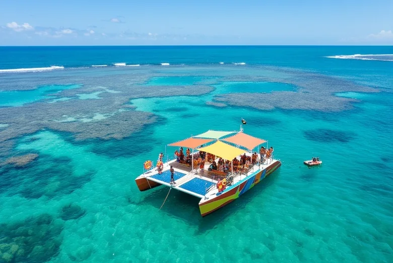 Catamarã ancorado sobre as piscinas naturais