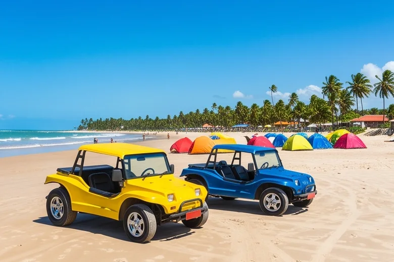 Dois buggies coloridos parados na areia
