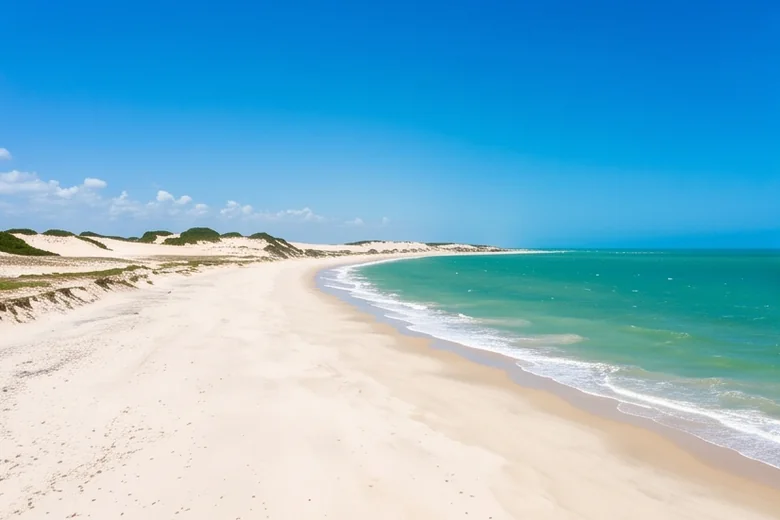 Praia larga de areia clara com dunas