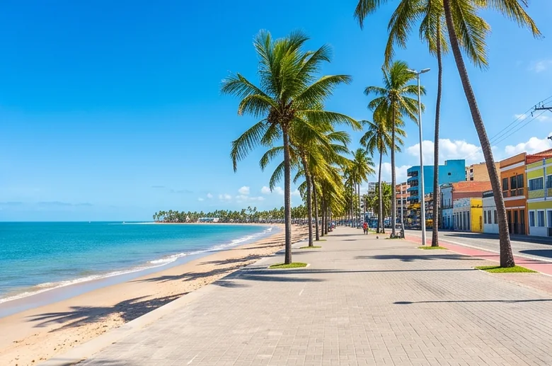 Orla urbana com palmeiras e mar azul